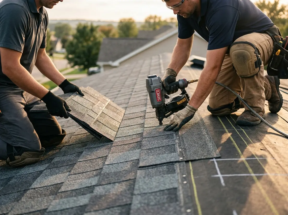 Professional roofer working on a residential roof in North Dansville